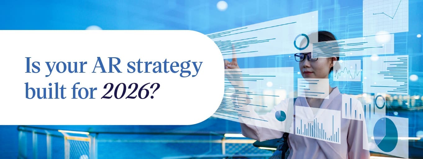Businesswoman interacting with a digital dashboard showing 2026 AR strategy trends